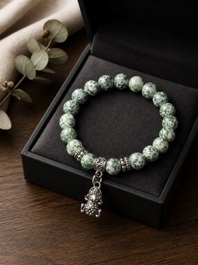 Green Tree Agate Beaded Charm Bracelet - Money Frog Charm
